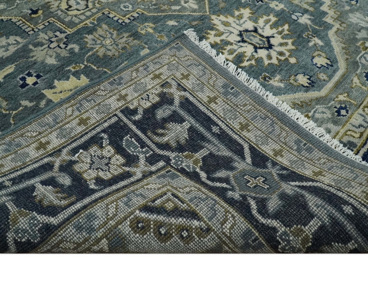 Custom Made Hand Knotted Antique Moss Gray Beige and Blue Traditional Heriz Serapi Wool Area Rug