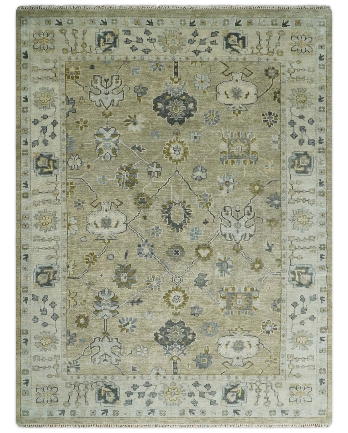 Hand Knotted Antique Oushak Olive and Beige Traditional Oushak Multi Size Wool Area Rug