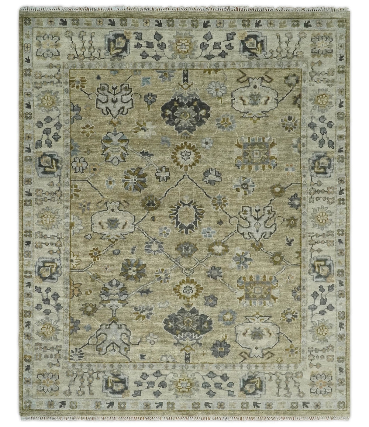 Hand Knotted Antique Oushak Olive and Beige Traditional Oushak Multi Size Wool Area Rug
