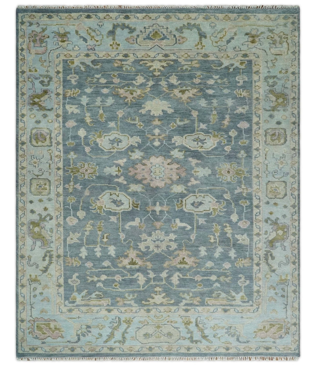 Custom Made Hand Knotted Gray, Blue and Beige Traditional Oushak Wool Area Rug