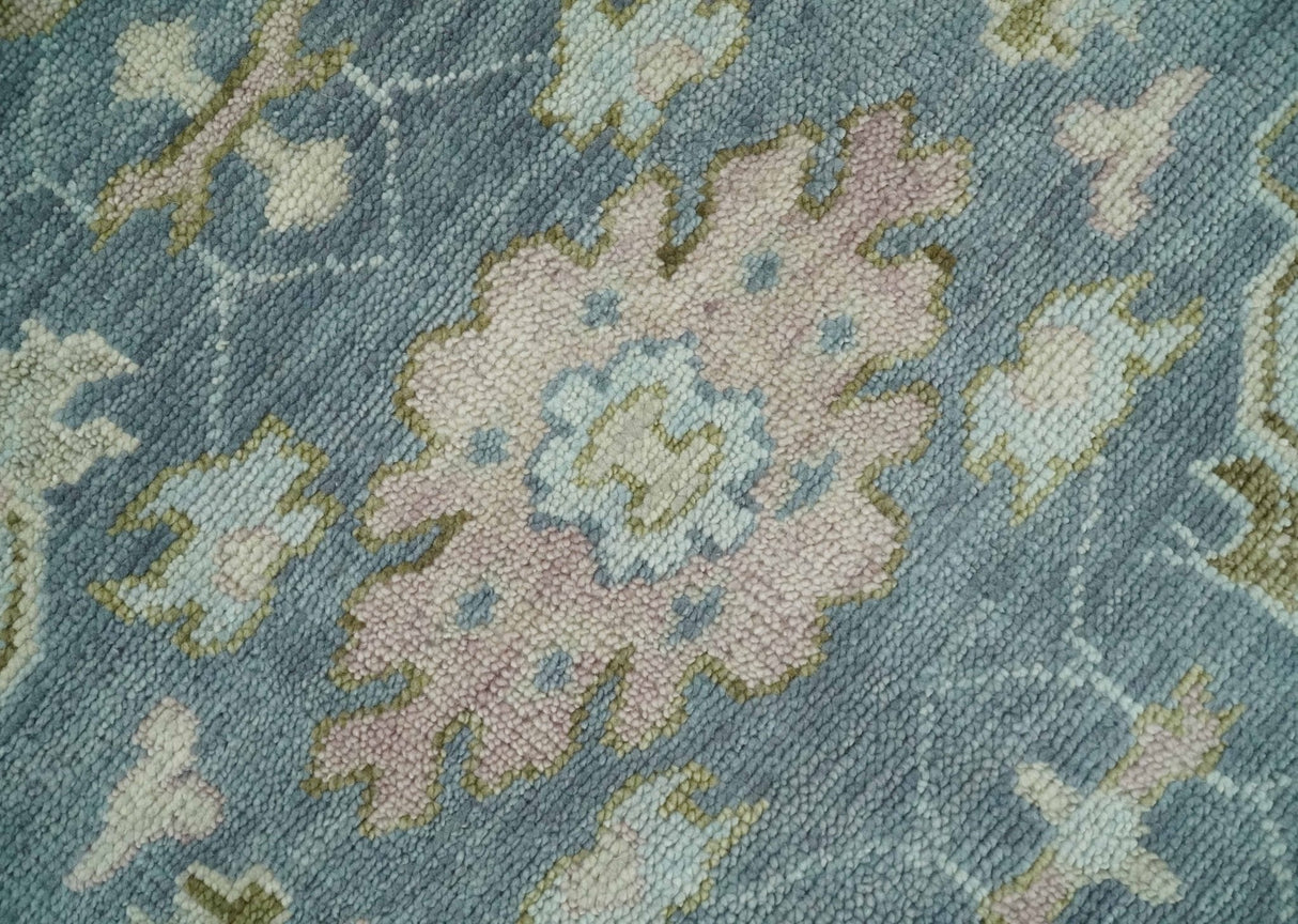 Custom Made Hand Knotted Gray, Blue and Beige Traditional Oushak Wool Area Rug