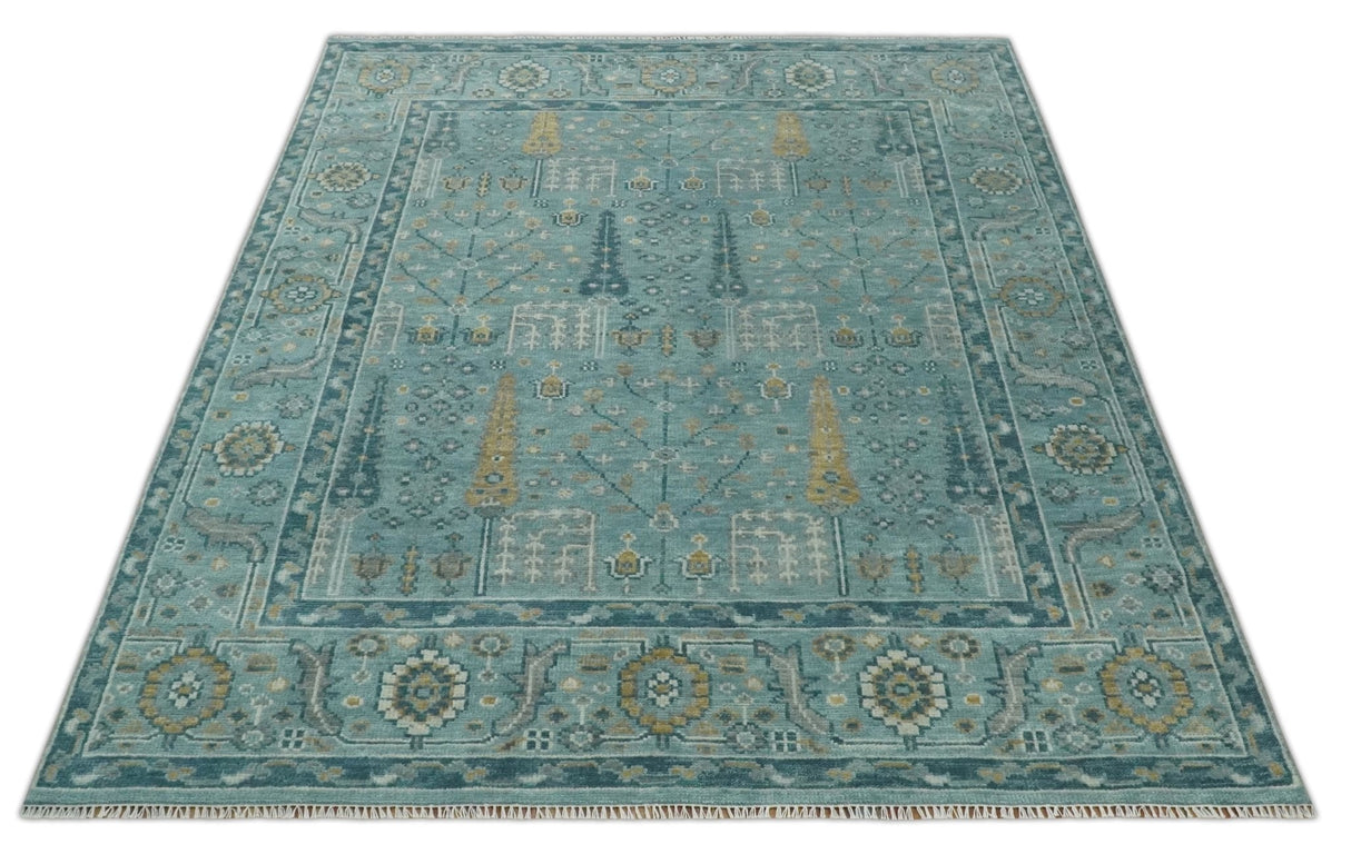 Hand Knotted Teal and Beige Multi Size Traditional Turkish Tree of Life Wool Rug