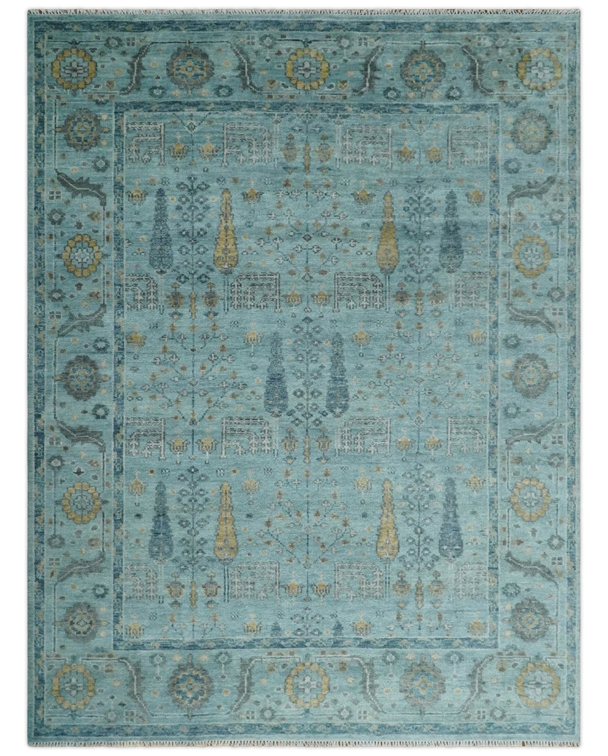 Hand Knotted Teal and Beige Multi Size Traditional Turkish Tree of Life Wool Rug