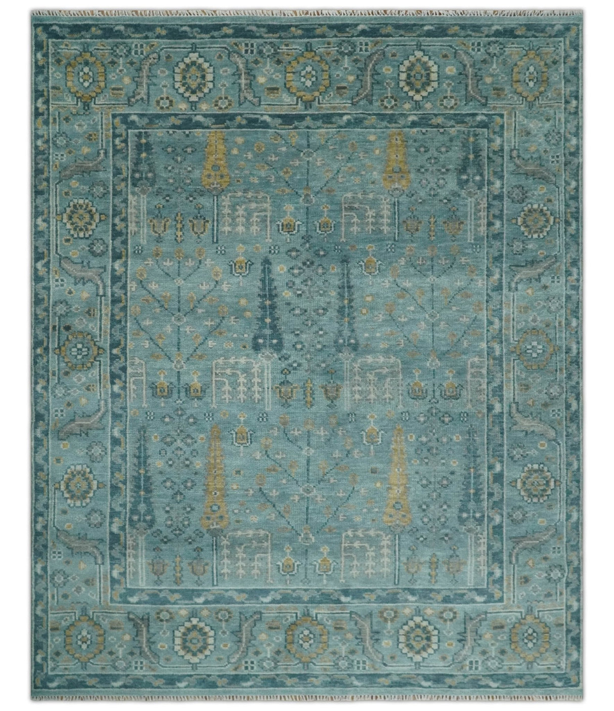 Hand Knotted Teal and Beige Multi Size Traditional Turkish Tree of Life Wool Rug