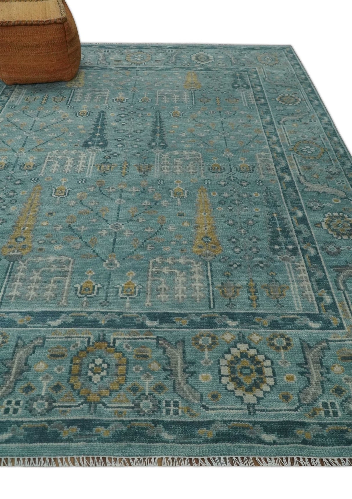 Hand Knotted Teal and Beige Multi Size Traditional Turkish Tree of Life Wool Rug
