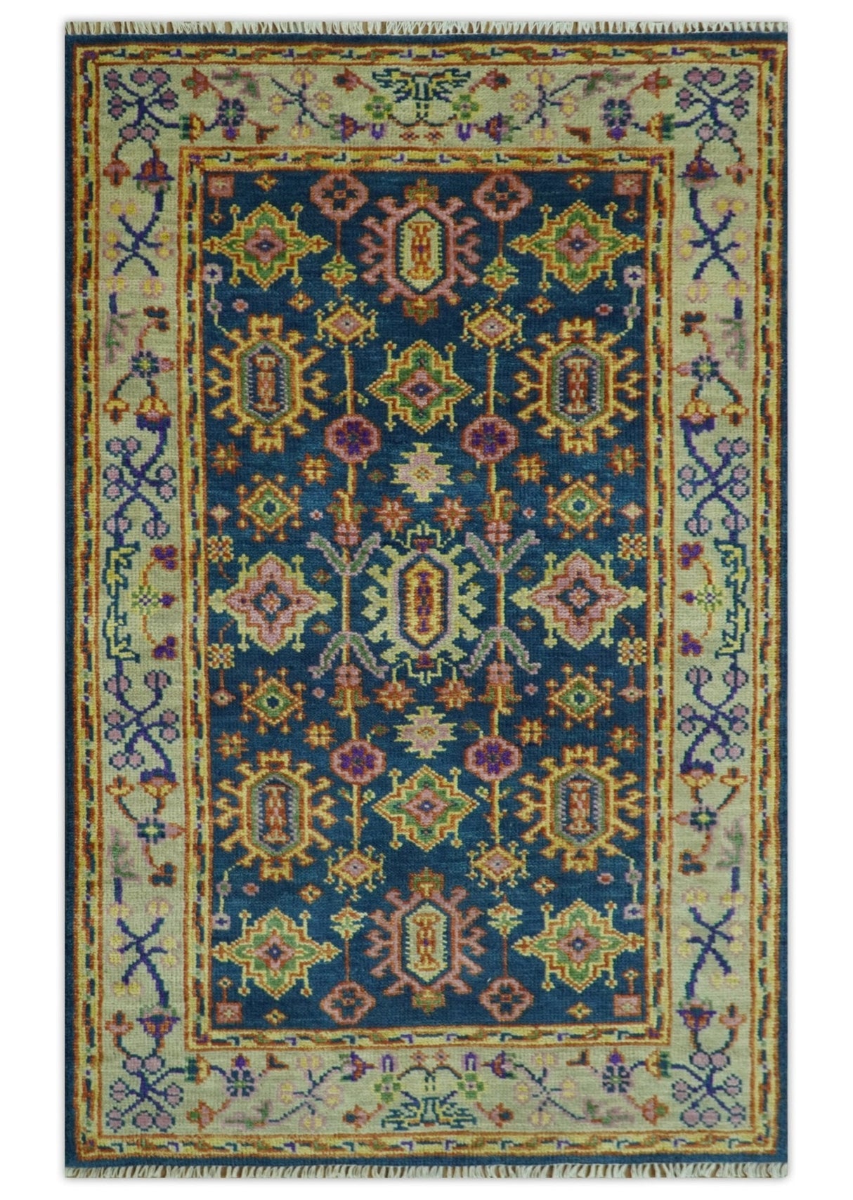 Hand Knotted Blue and Beige Persian Oushak Wool Rug
