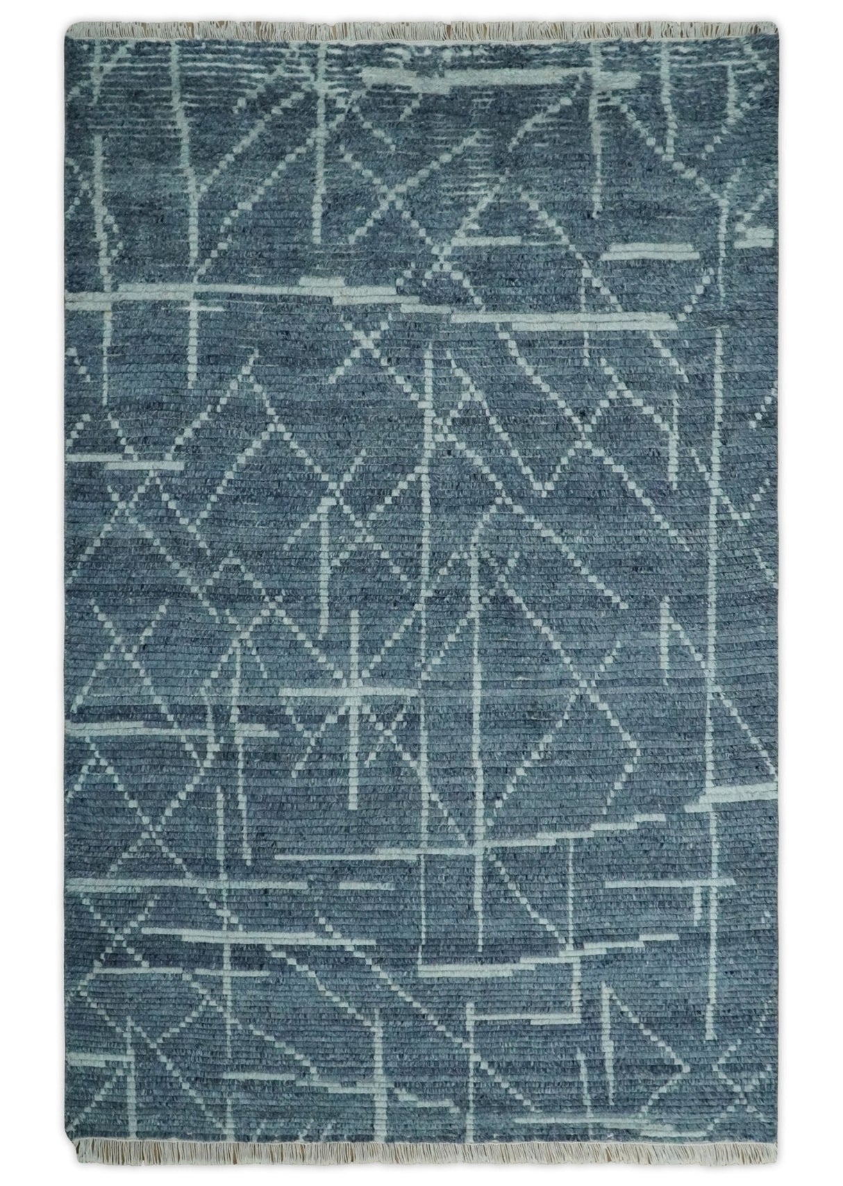 Hand Knotted Blue and Silver Trellis Moroccan Rug Made with Blended Wool Multi size Rug