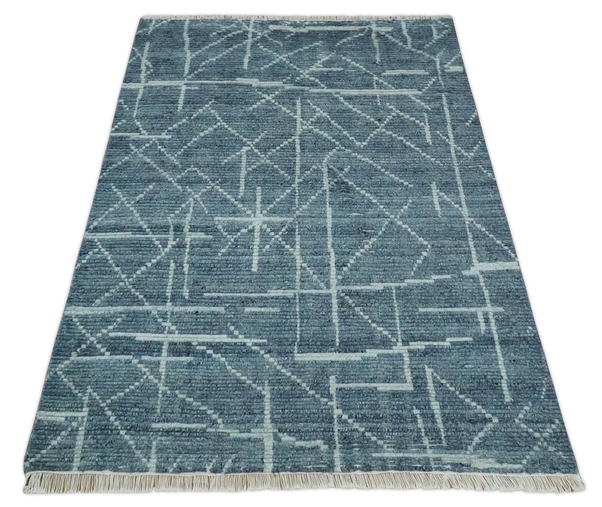 Hand Knotted Blue and Silver Trellis Moroccan Rug Made with Blended Wool Multi size Rug