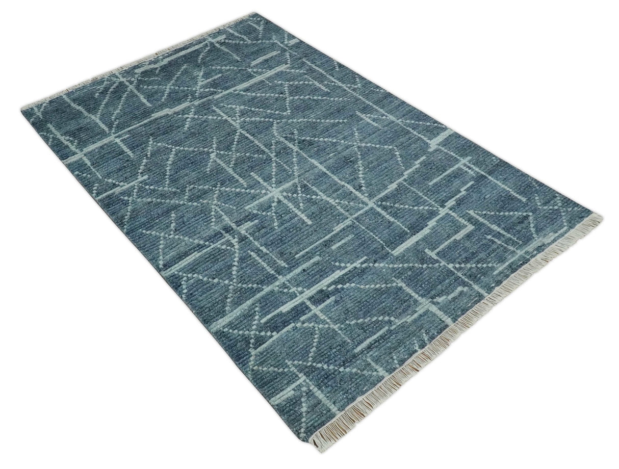 Hand Knotted Blue and Silver Trellis Moroccan Rug Made with Blended Wool Multi size Rug