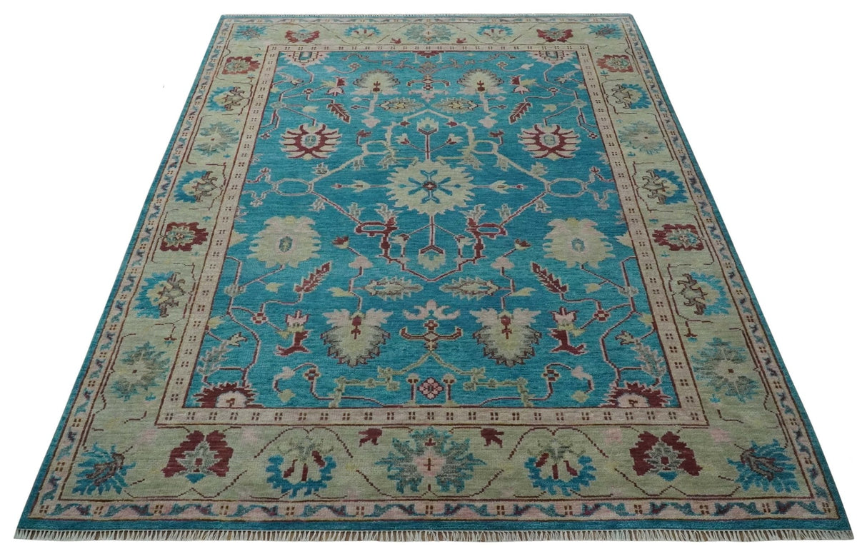 Hand Knotted Blue, Ivory and Maroon Oriental Oushak Multi Size Traditional Wool Area Rug