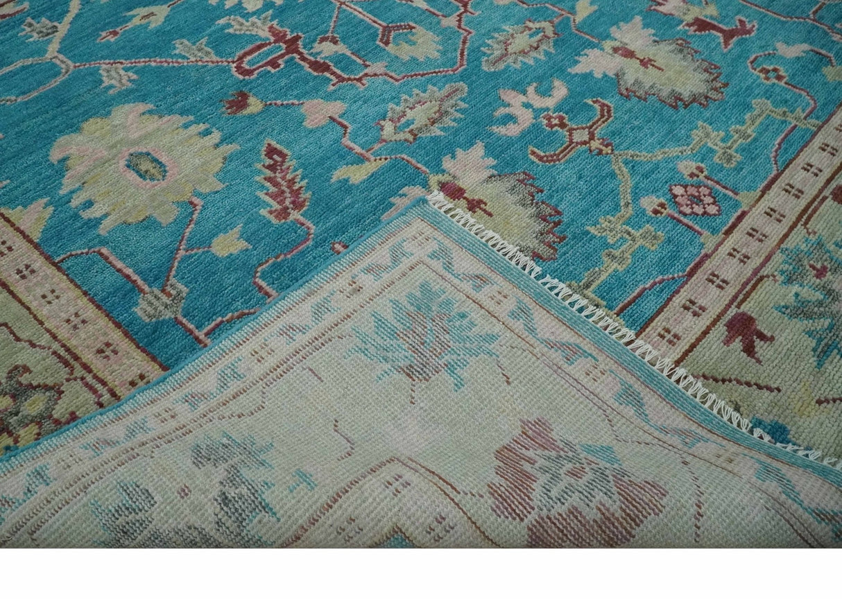Hand Knotted Blue, Ivory and Maroon Oriental Oushak Multi Size Traditional Wool Area Rug