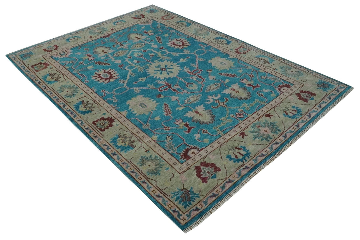 Hand Knotted Blue, Ivory and Maroon Oriental Oushak Multi Size Traditional Wool Area Rug