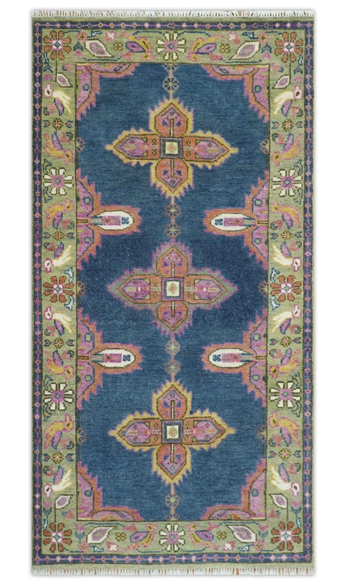 Hand Knotted Blue, Silver and Pink Traditional Heriz Serapi Wool Rug, Living Room and Bedroom Rug