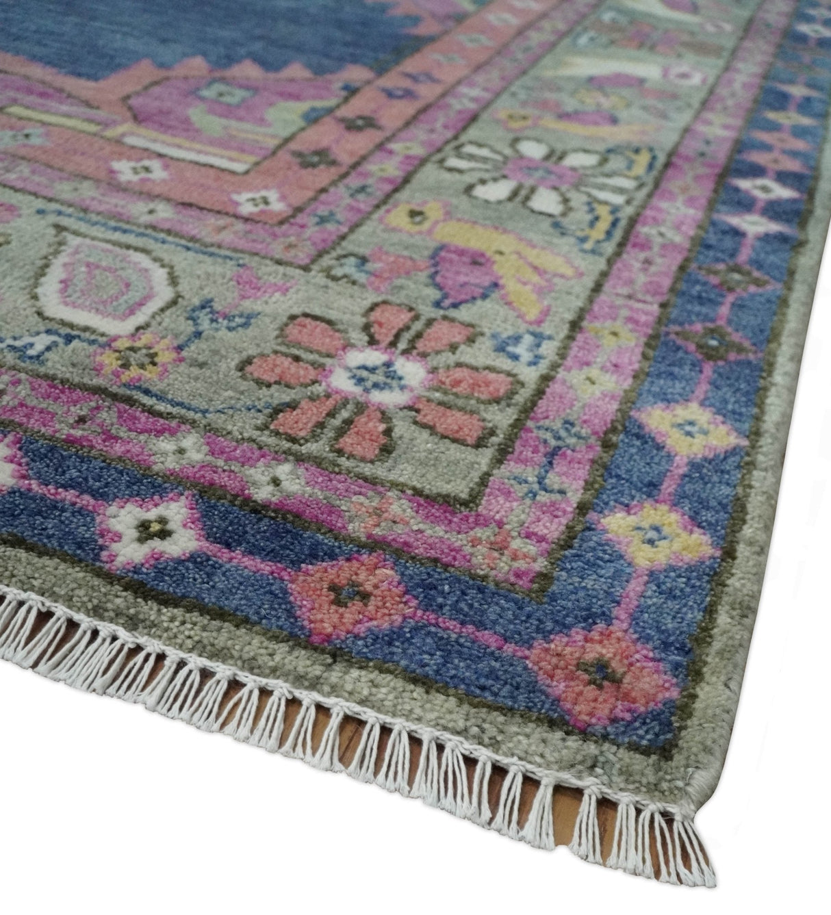 Hand Knotted Blue, Silver and Pink Traditional Heriz Serapi Wool Rug, Living Room and Bedroom Rug