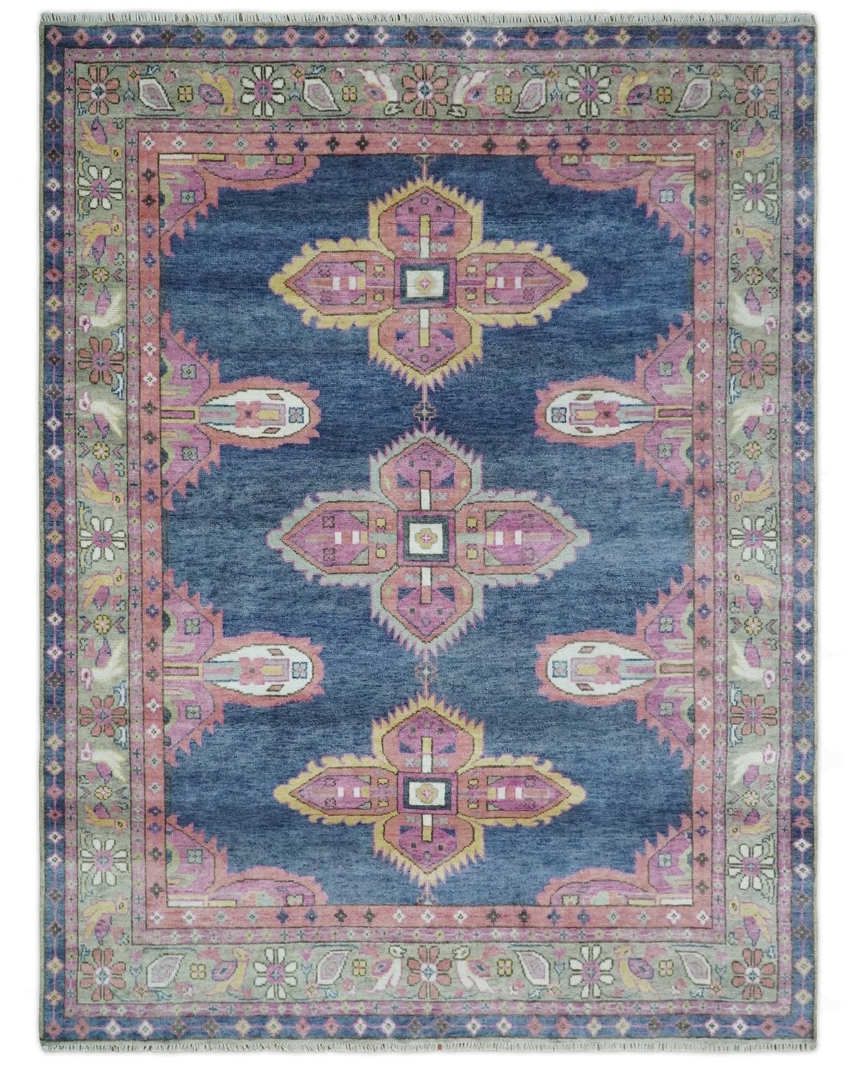 Hand Knotted Blue, Silver and Pink Traditional Heriz Serapi Wool Rug, Living Room and Bedroom Rug