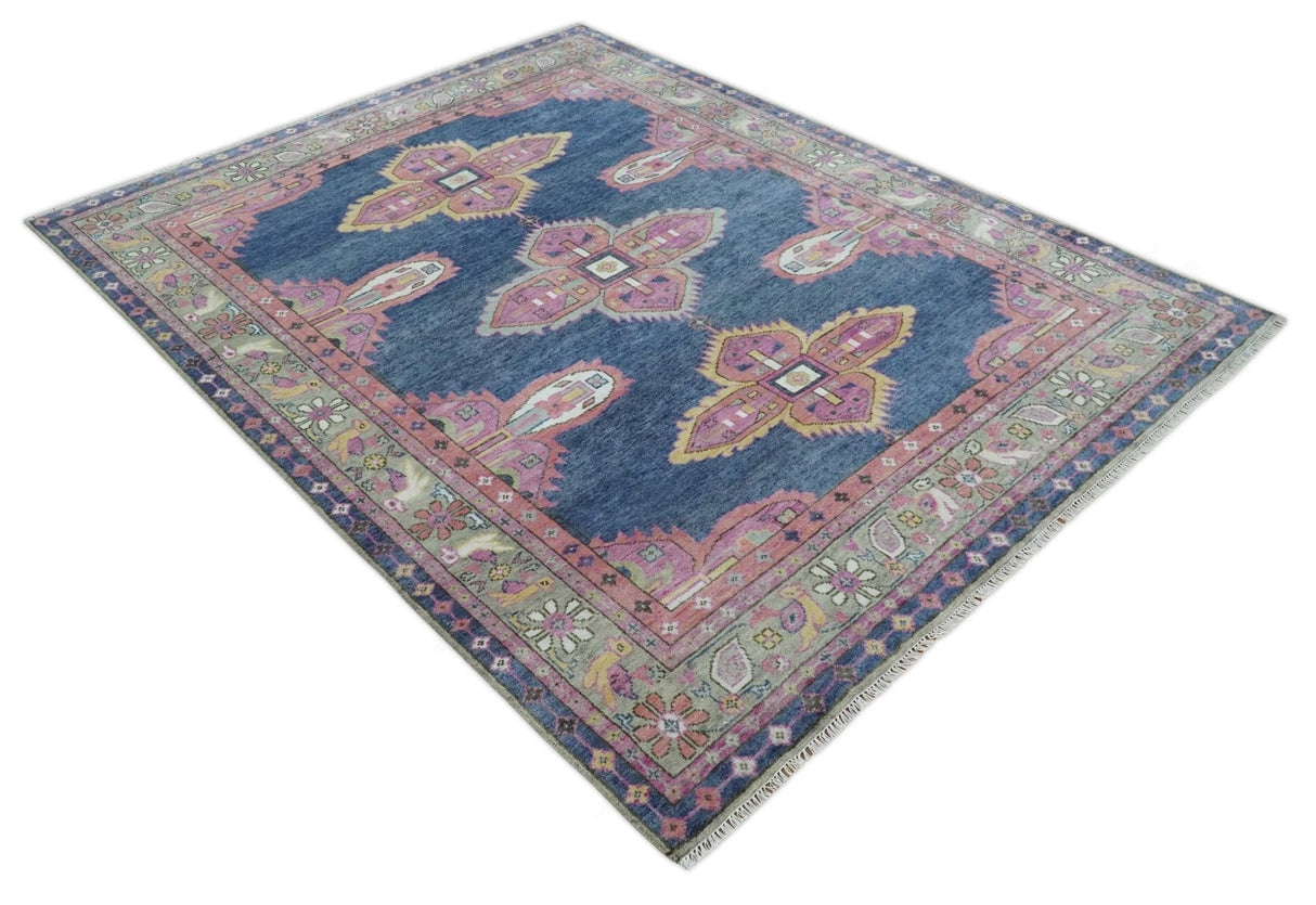 Hand Knotted Blue, Silver and Pink Traditional Heriz Serapi Wool Rug, Living Room and Bedroom Rug