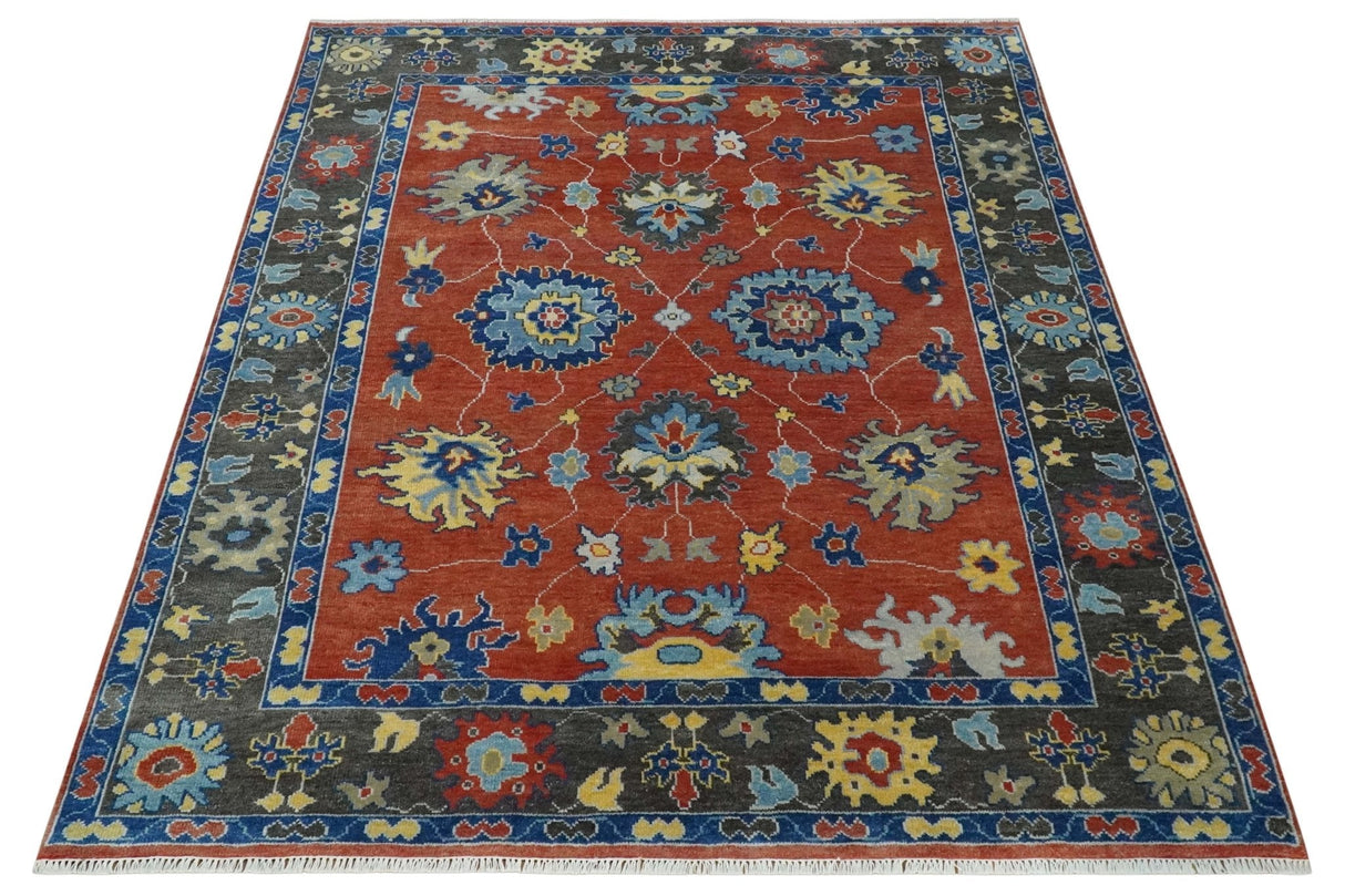 Hand Knotted Brown, Blue and Charcoal colorful Traditional Oushak Wool Area Rug