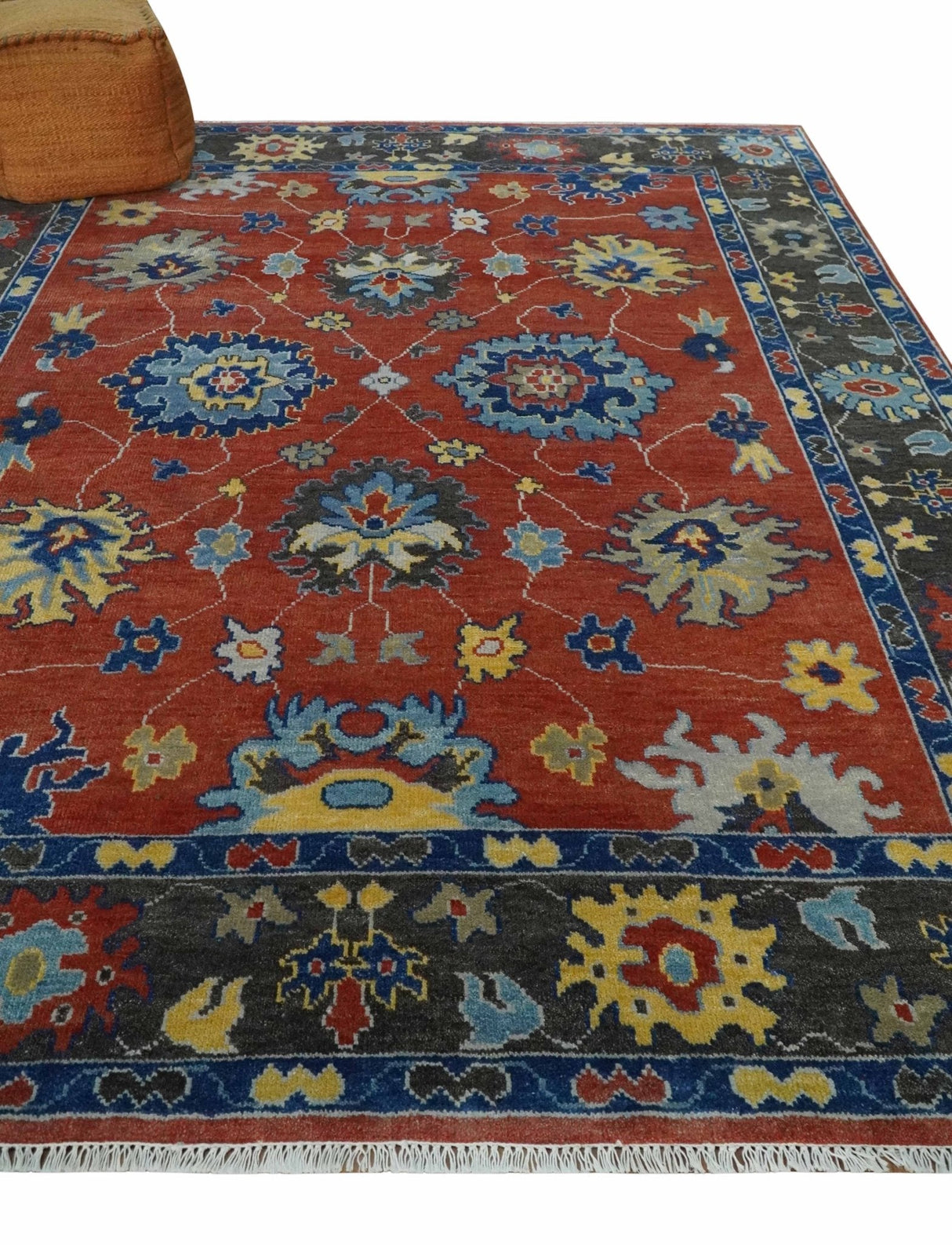 Hand Knotted Brown, Blue and Charcoal colorful Traditional Oushak Wool Area Rug