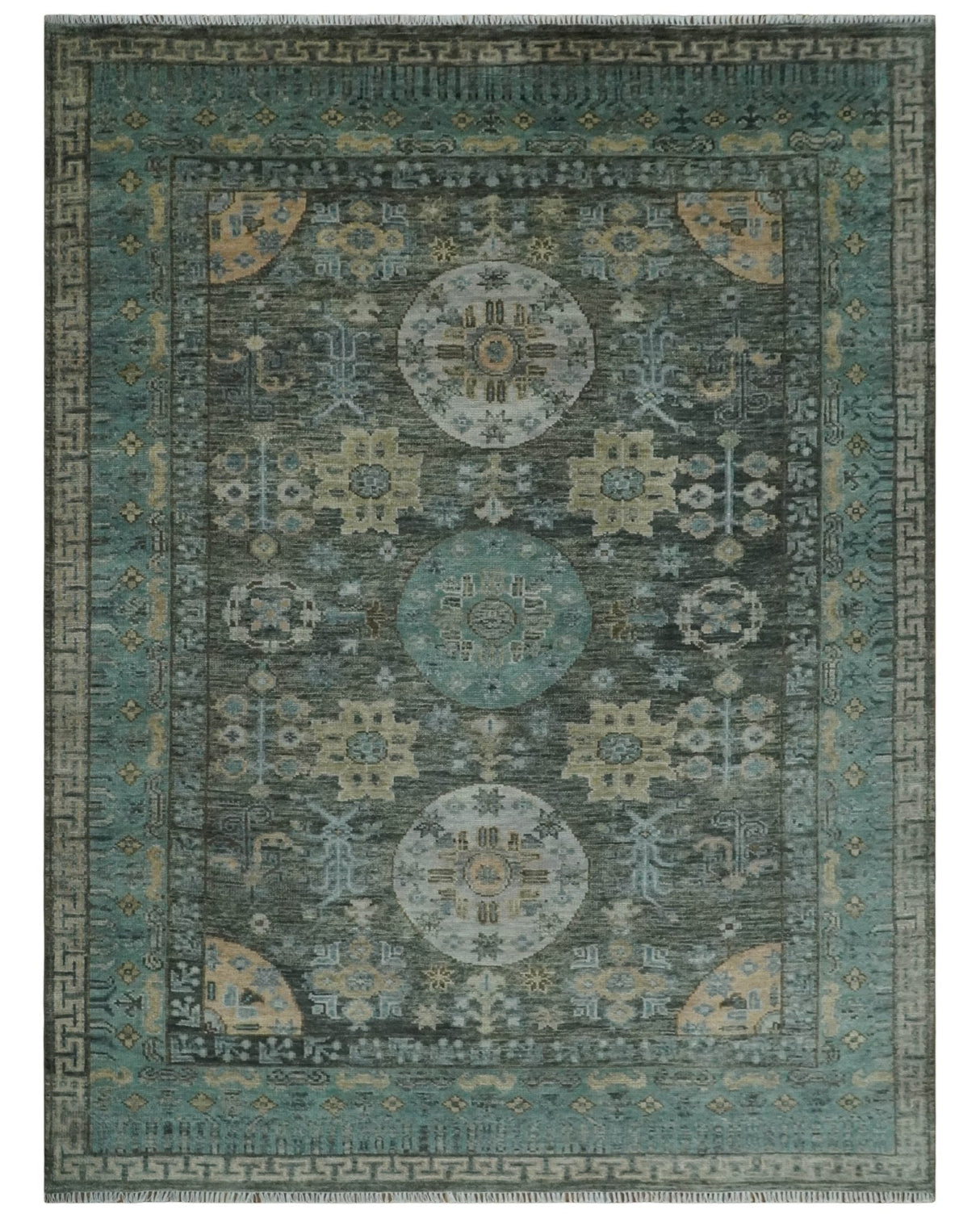 Hand Knotted Charcoal, and Aqua Oriental Khotan Multi Size Traditional Wool Area Rug