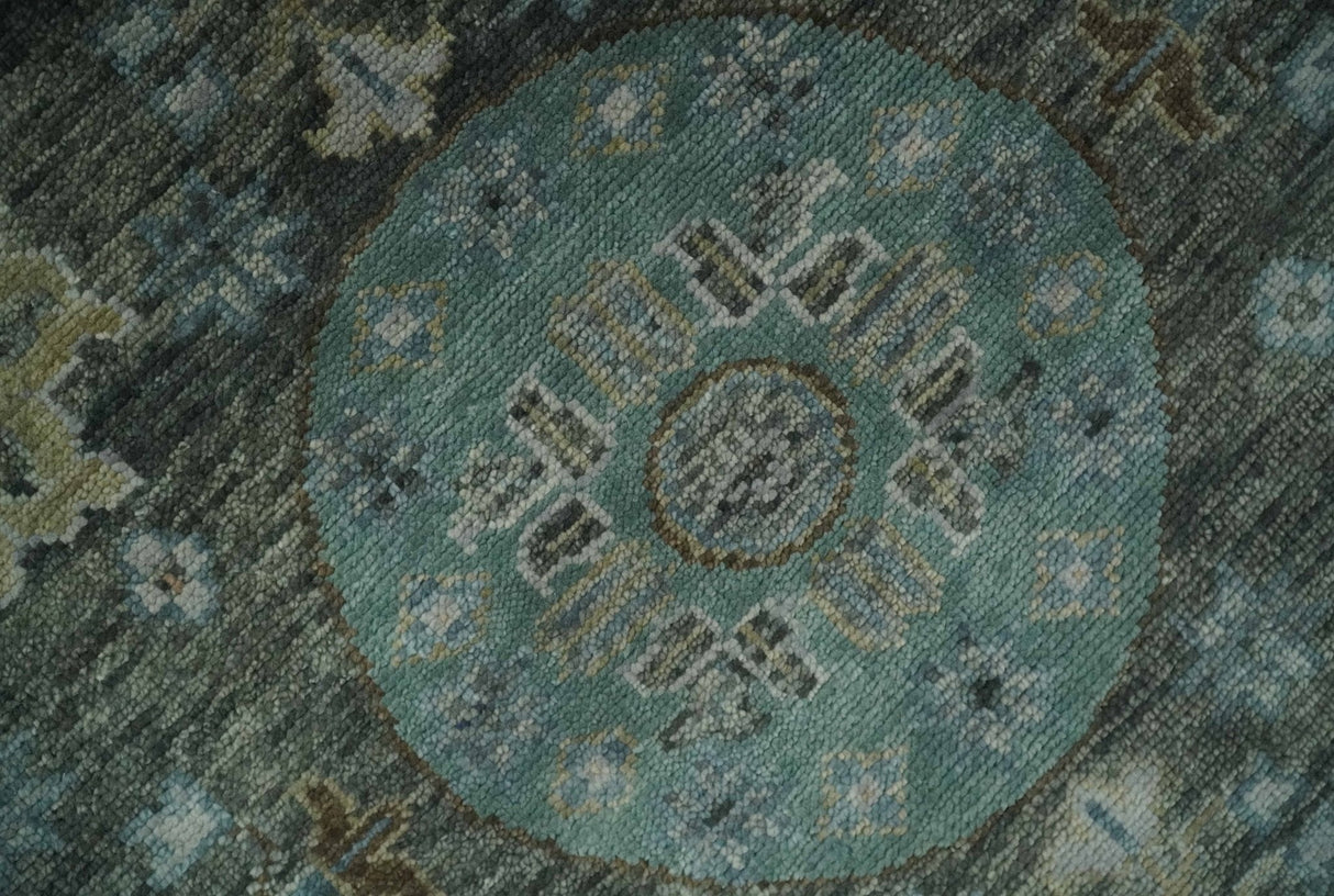 Hand Knotted Charcoal, and Aqua Oriental Khotan Multi Size Traditional Wool Area Rug