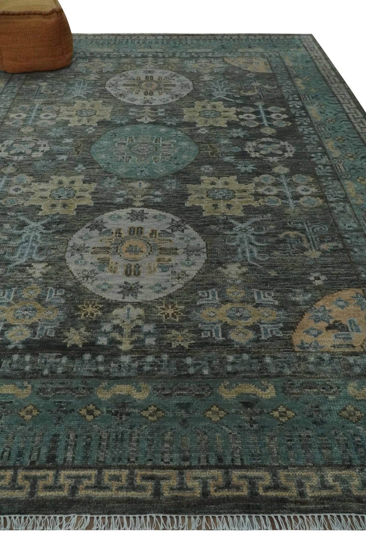Hand Knotted Charcoal, and Aqua Oriental Khotan Multi Size Traditional Wool Area Rug