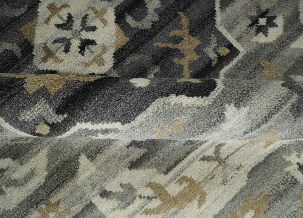 Hand Knotted Charcoal, Ivory and Beige Traditional Medallion Natural Wool Multi Size Area Rug, Kids, Living Room and Bedroom Rug