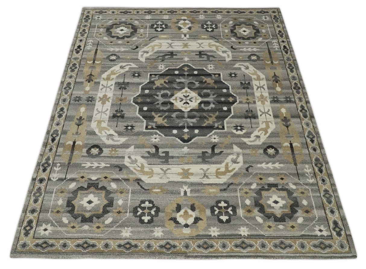 Hand Knotted Charcoal, Ivory and Beige Traditional Medallion Natural Wool Multi Size Area Rug, Kids, Living Room and Bedroom Rug