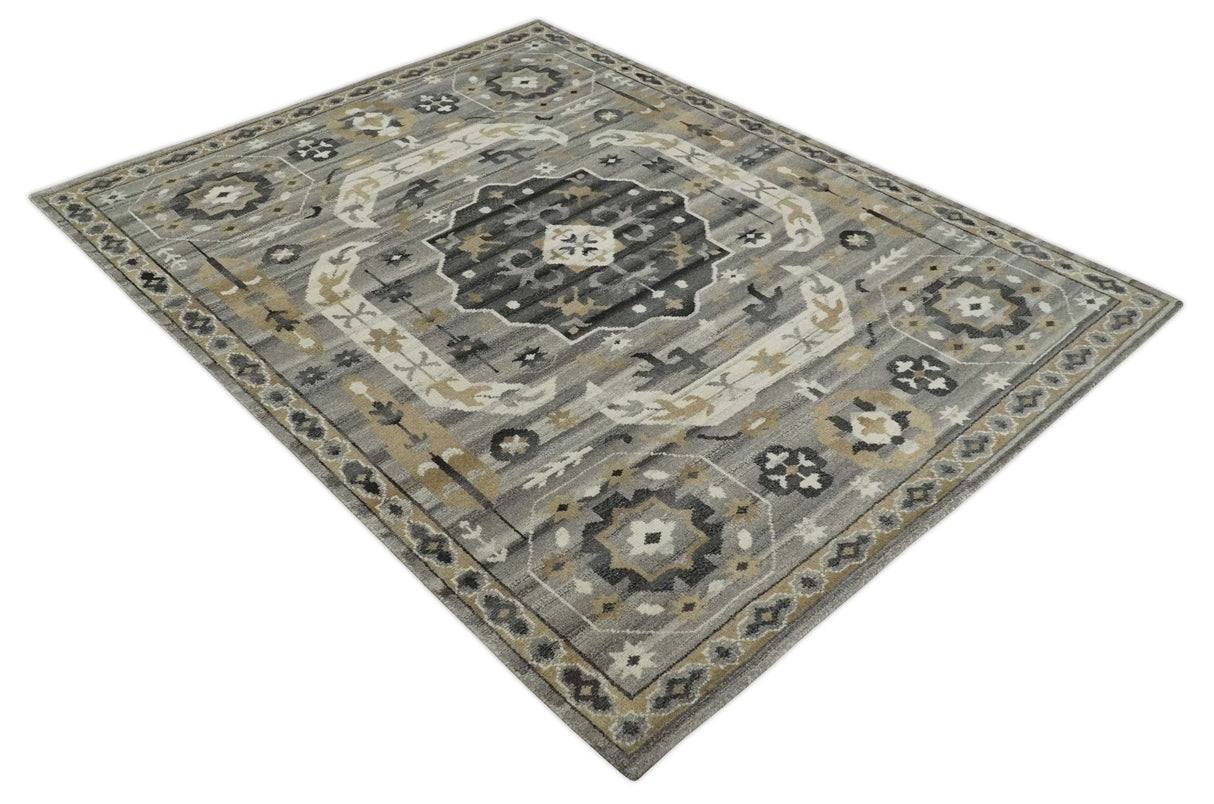 Hand Knotted Charcoal, Ivory and Beige Traditional Medallion Natural Wool Multi Size Area Rug, Kids, Living Room and Bedroom Rug