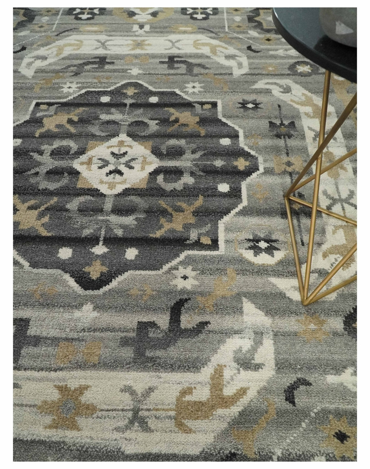 Hand Knotted Charcoal, Ivory and Beige Traditional Medallion Natural Wool Multi Size Area Rug, Kids, Living Room and Bedroom Rug