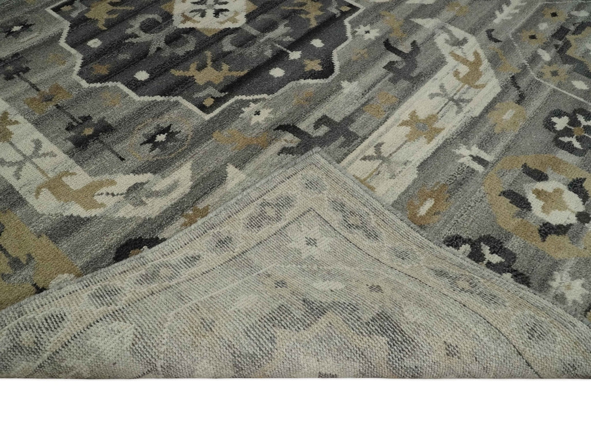 Hand Knotted Charcoal, Ivory and Beige Traditional Medallion Natural Wool Multi Size Area Rug, Kids, Living Room and Bedroom Rug