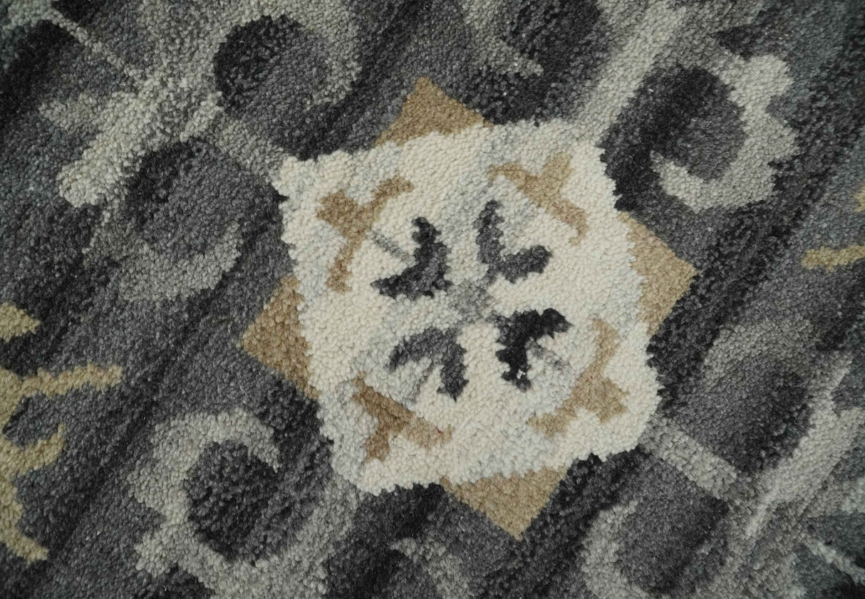 Hand Knotted Charcoal, Ivory and Beige Traditional Medallion Natural Wool Multi Size Area Rug, Kids, Living Room and Bedroom Rug