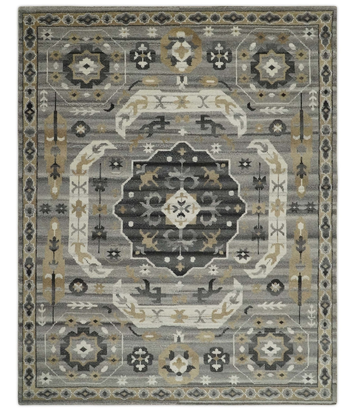 Hand Knotted Charcoal, Ivory and Beige Traditional Medallion Natural Wool Multi Size Area Rug, Kids, Living Room and Bedroom Rug