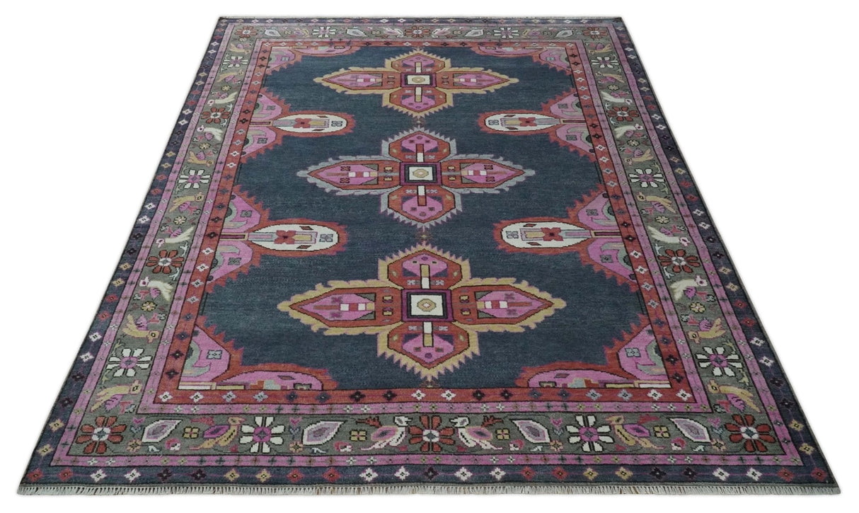 Hand Knotted Charcoal, Silver and Pink Traditional Custom Made Wool Area Rug