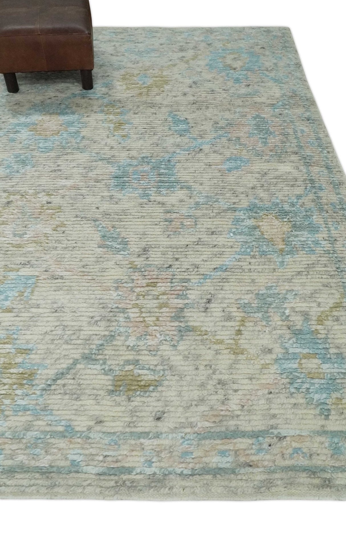 Contemporary Ivory and Blue Hand Knotted Multi Size Rug