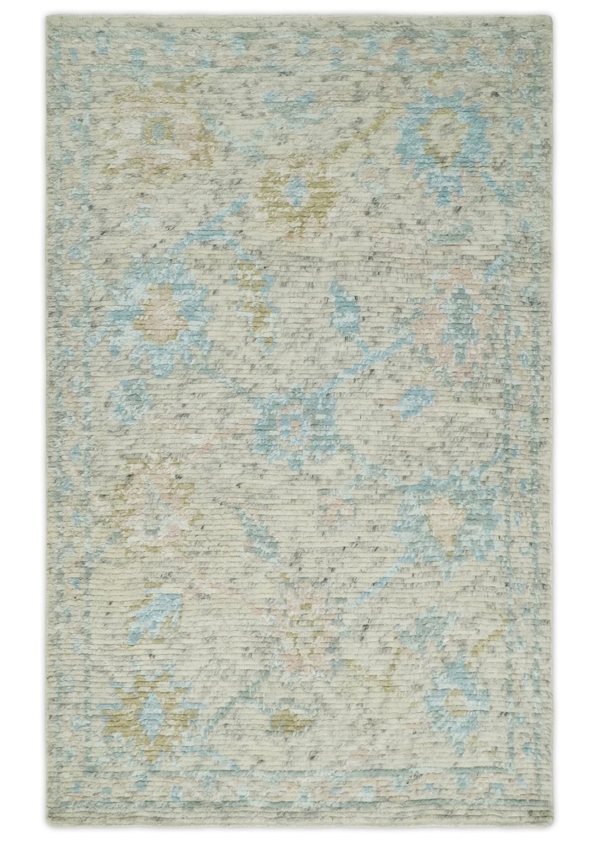 Contemporary Ivory and Blue Hand Knotted Multi Size Rug