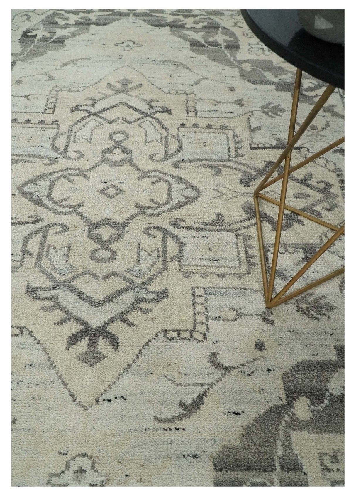 Hand Knotted Earthy Neutral Serapi Wool Rug, Charcoal, Beige and Ivory