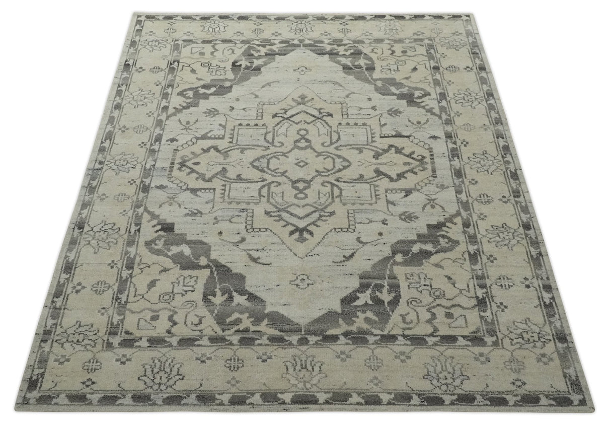 Hand Knotted Earthy Neutral Serapi Wool Rug, Charcoal, Beige and Ivory