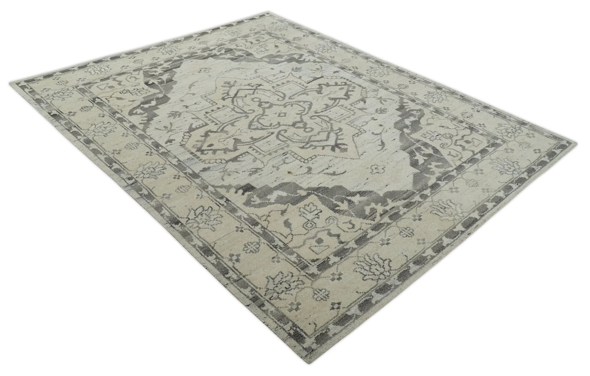 Hand Knotted Earthy Neutral Serapi Wool Rug, Charcoal, Beige and Ivory