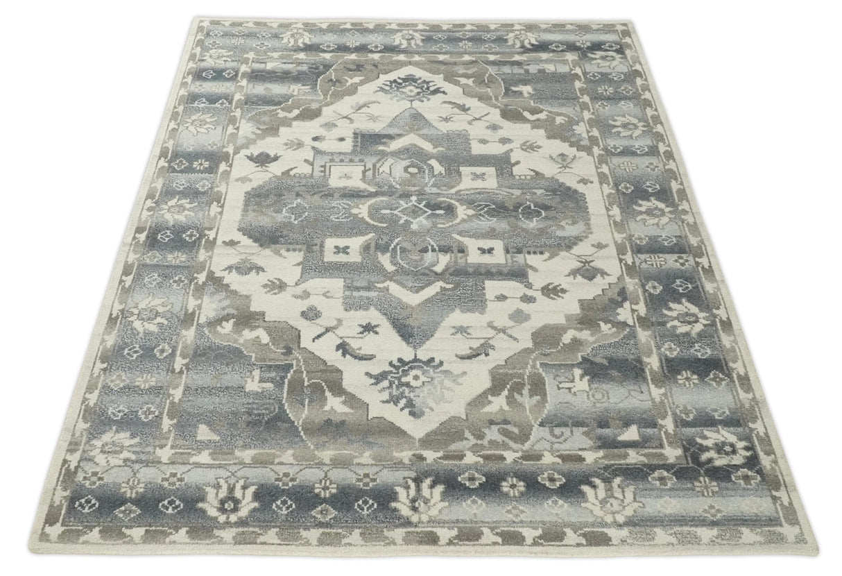 Hand Knotted Gray, Beige and Charcoal Traditional Heriz Serapi Multi size Wool Area Rug, Kids, Living Room and Bedroom Rug