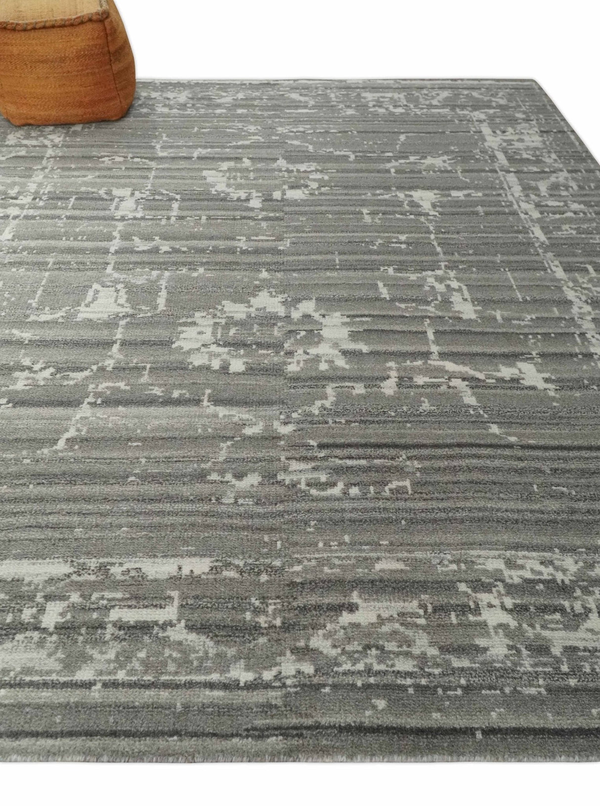 Hand Knotted Ivory and Charcoal Traditional Abstract Natural Wool Custom Made Area Rug, Kids, Living Room and Bedroom Rug