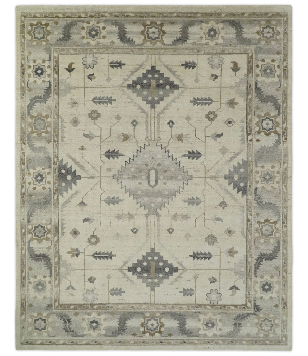 Custom Made Hand Knotted Ivory and Charcoal Traditional Tribal Natural Wool Area Rug, Kids, Living Room and Bedroom Rug