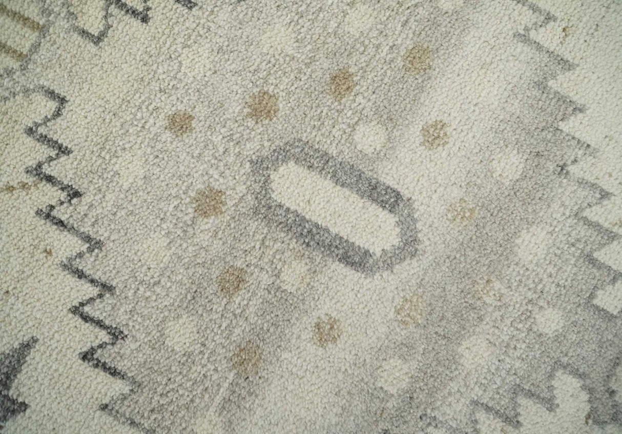 Custom Made Hand Knotted Ivory and Charcoal Traditional Tribal Natural Wool Area Rug, Kids, Living Room and Bedroom Rug