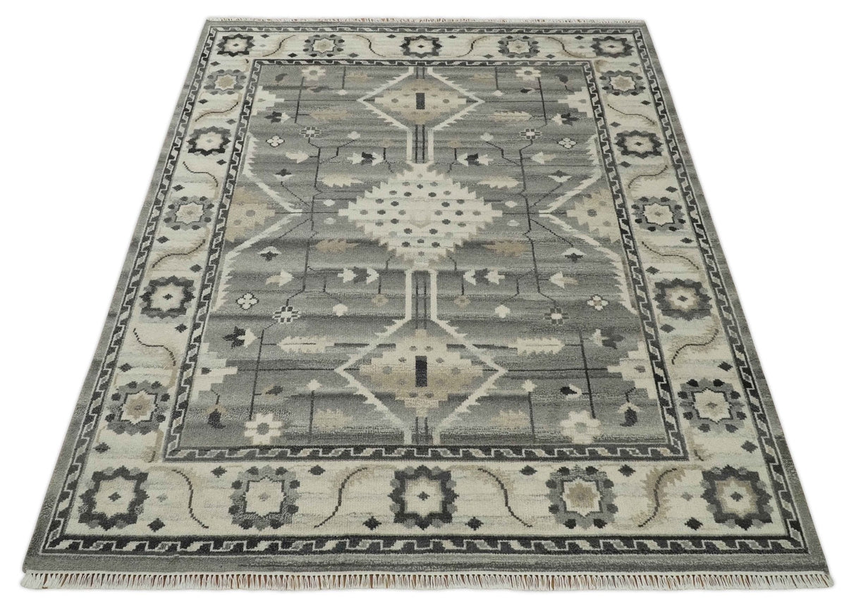 Hand Knotted Ivory and Gray Traditional Tribal Natural Wool Custom Made wool Area Rug, Kids, Living Room and Bedroom Rug