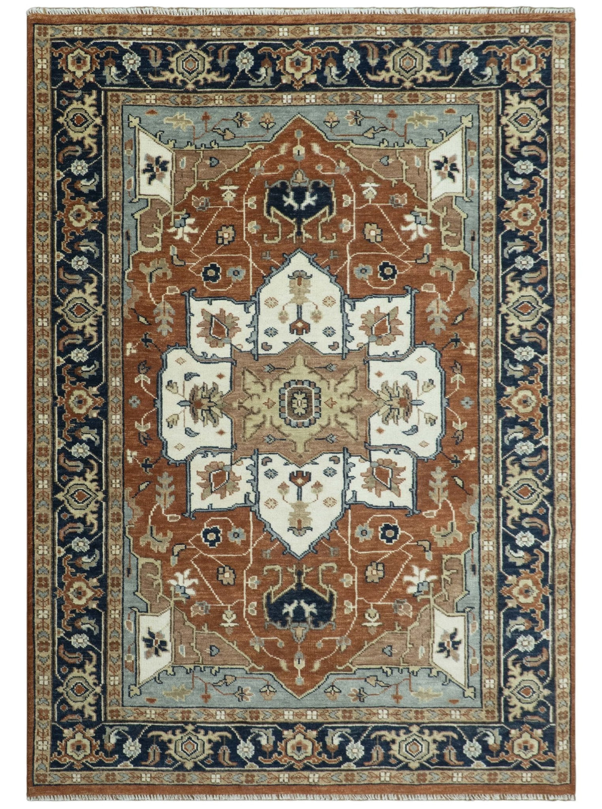 Hand Knotted Ivory, Blue and Rust Modern Traditional Heriz Serapi Multi Size Wool Area Rug