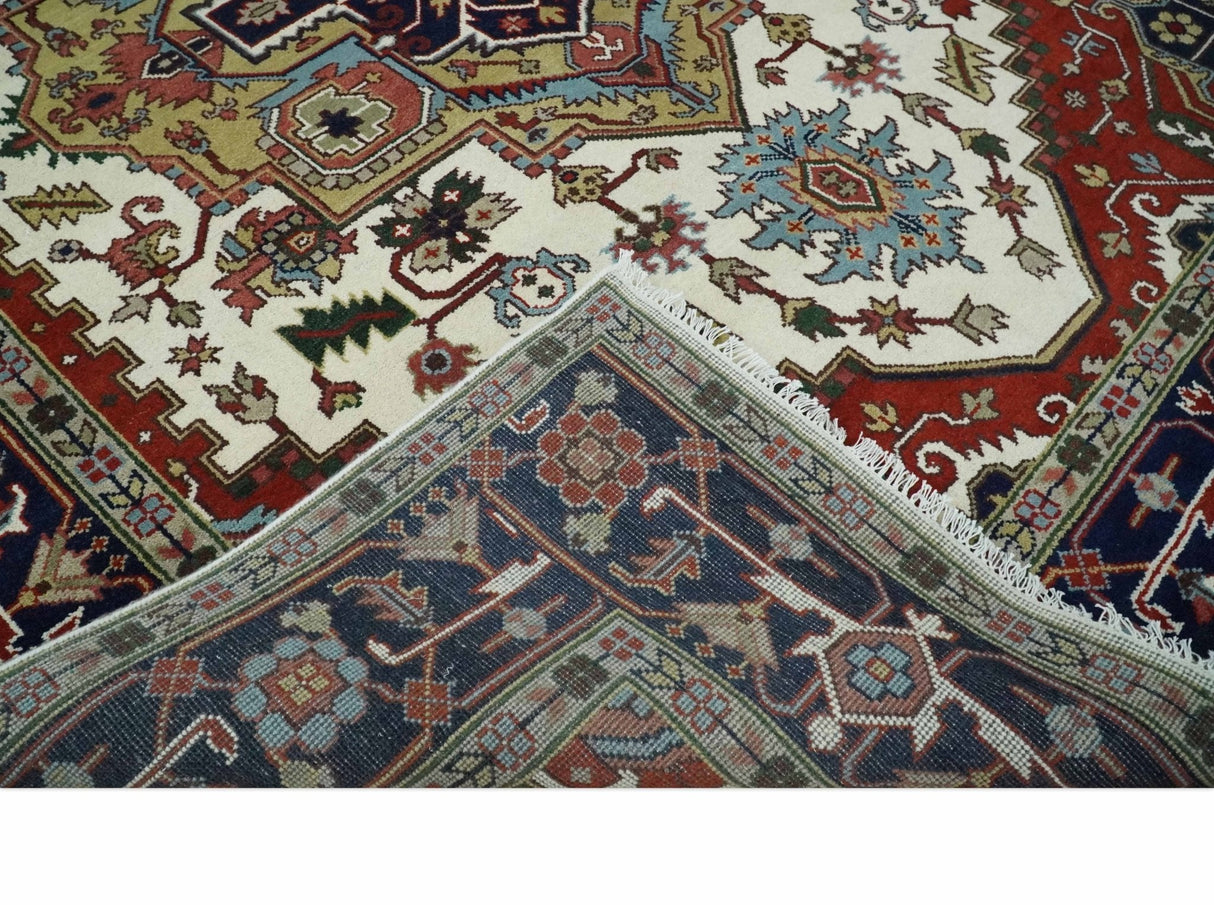 Hand Knotted Ivory, Brown and Blue Traditional Antique Style Wool Area Rug