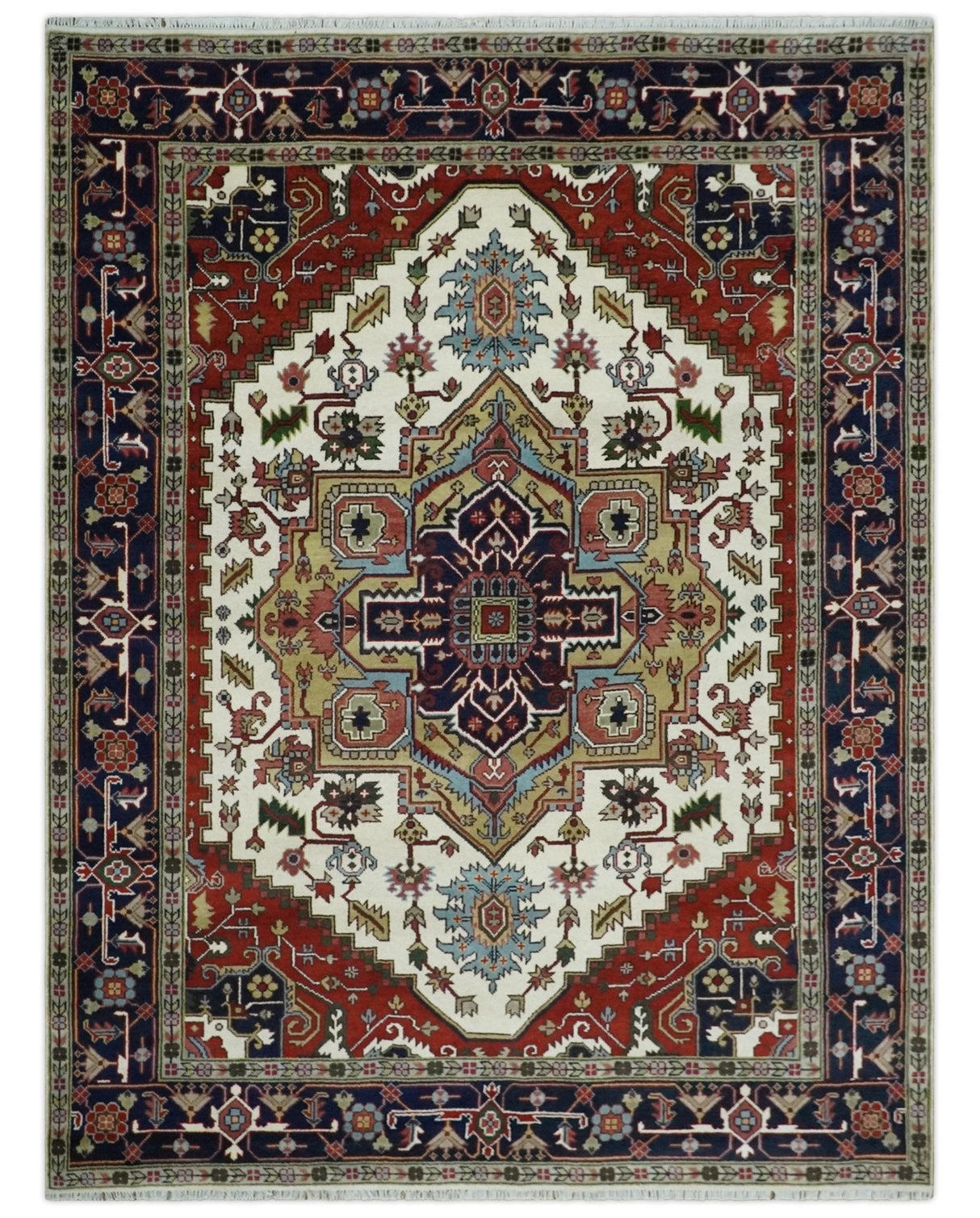 Hand Knotted Ivory, Brown and Blue Traditional Antique Style Wool Area Rug