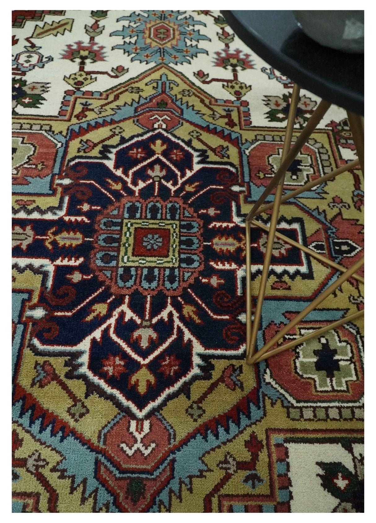 Hand Knotted Ivory, Brown and Blue Traditional Antique Style Wool Area Rug