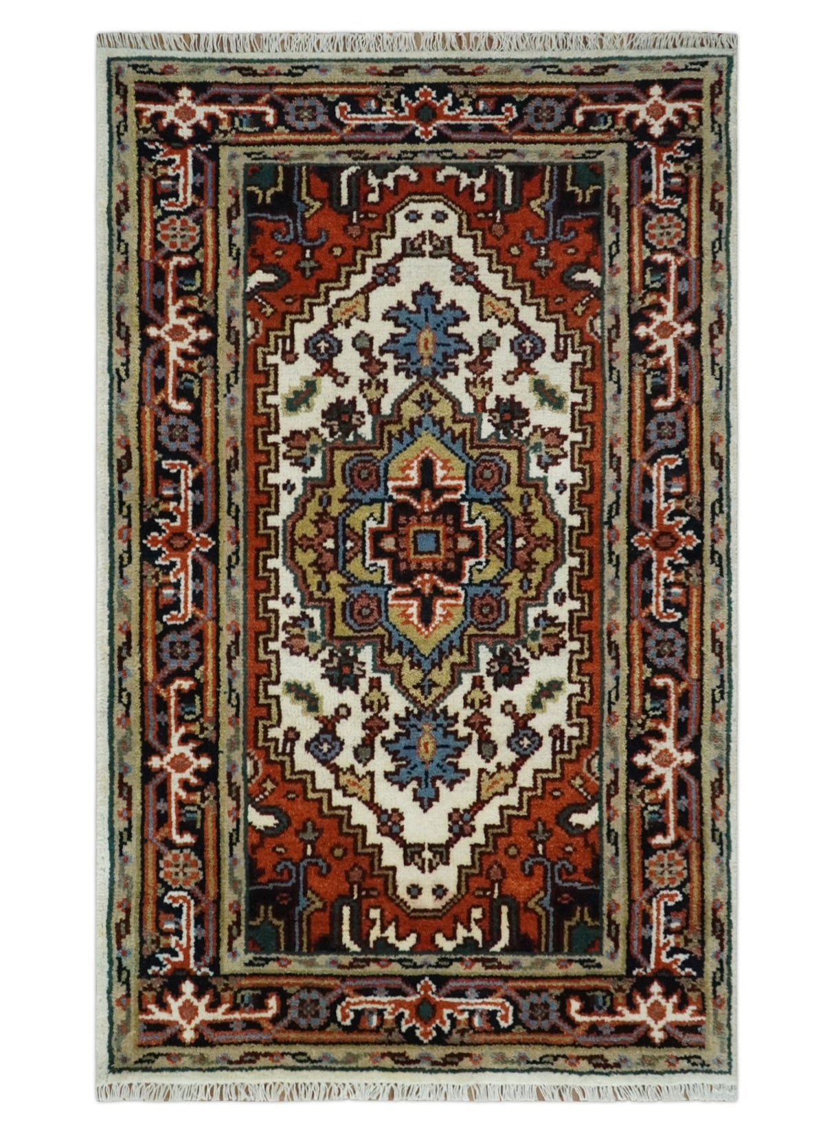 Hand Knotted Ivory, Brown and Blue Traditional Antique Style Wool Area Rug
