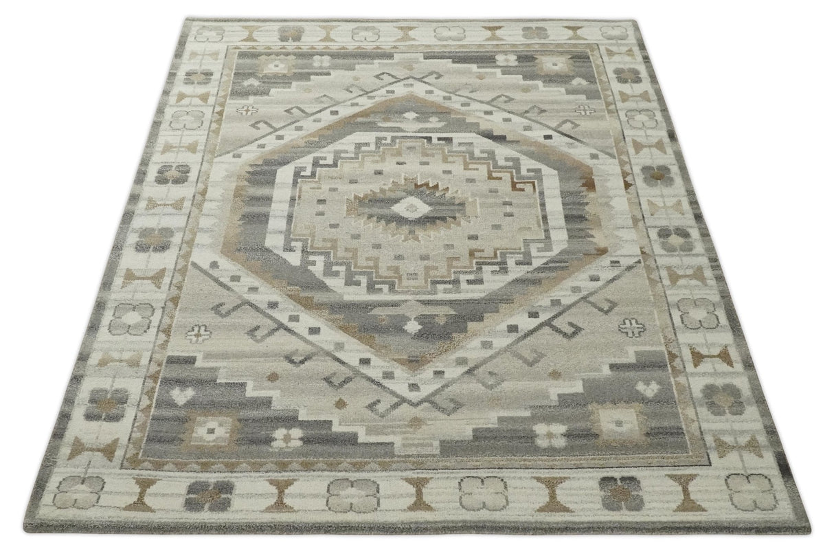 Hand Knotted Ivory, Charcoal and Beige Traditional Medallion Natural Wool Custom Made Area Rug, Kids, Living Room and Bedroom Rug