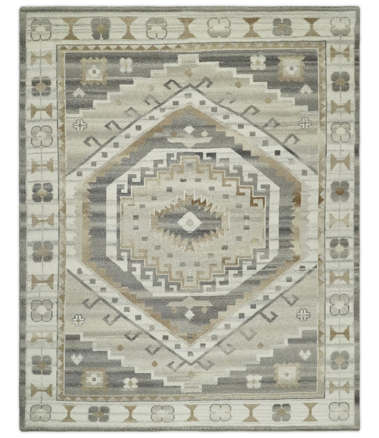 Hand Knotted Ivory, Charcoal and Beige Traditional Medallion Natural Wool Custom Made Area Rug, Kids, Living Room and Bedroom Rug